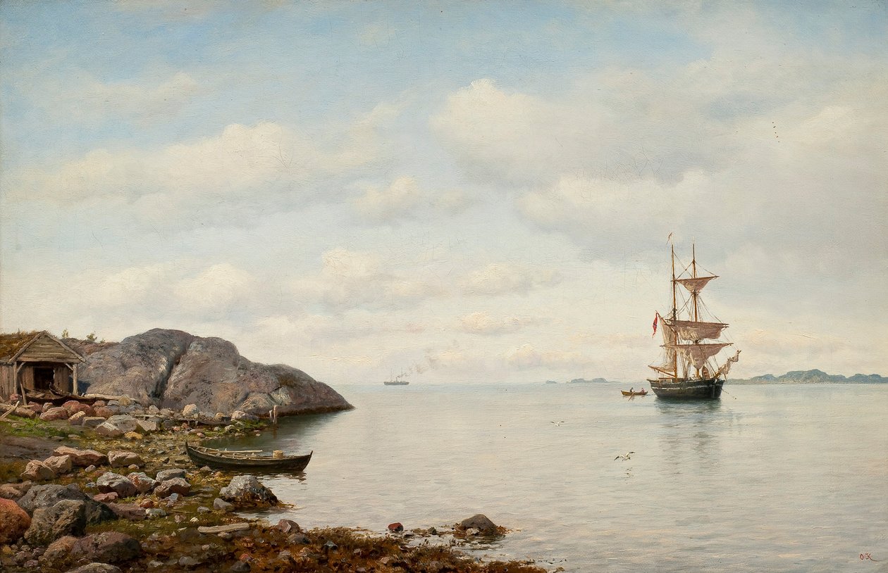 Zeilschip nabij de kust door Oscar Kleineh