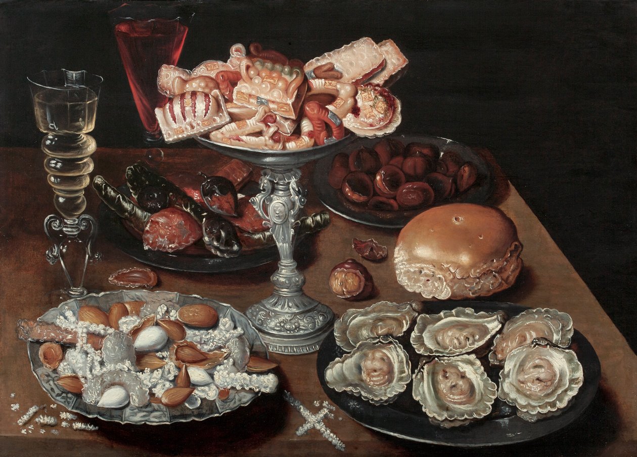 Amandelen, Oesters, Snoep, Kastanjes en Wijn op een Houten Tafel door Osias the Elder Beert