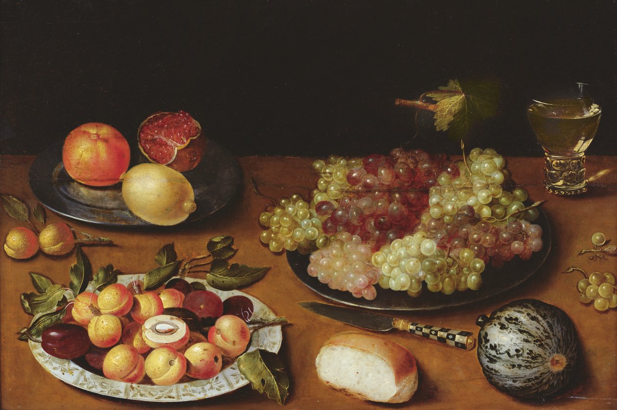 Stilleven met druiven, granaatappels en abrikozen door Osias the Elder Beert