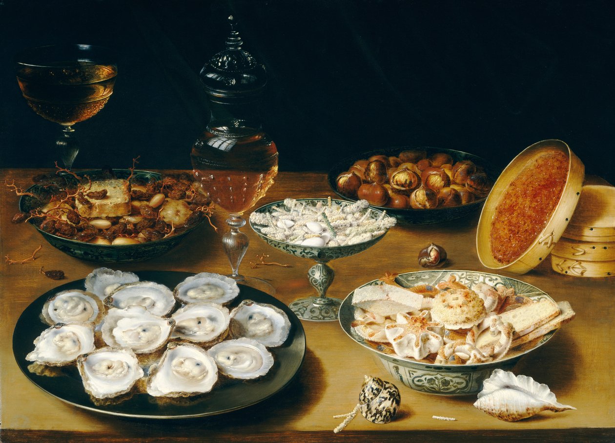 Gerechten met oesters, fruit en wijn door Osias the Elder Beert