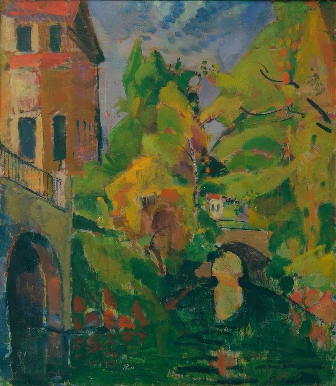 Königsalleebrug met boothuis door Oskar Moll