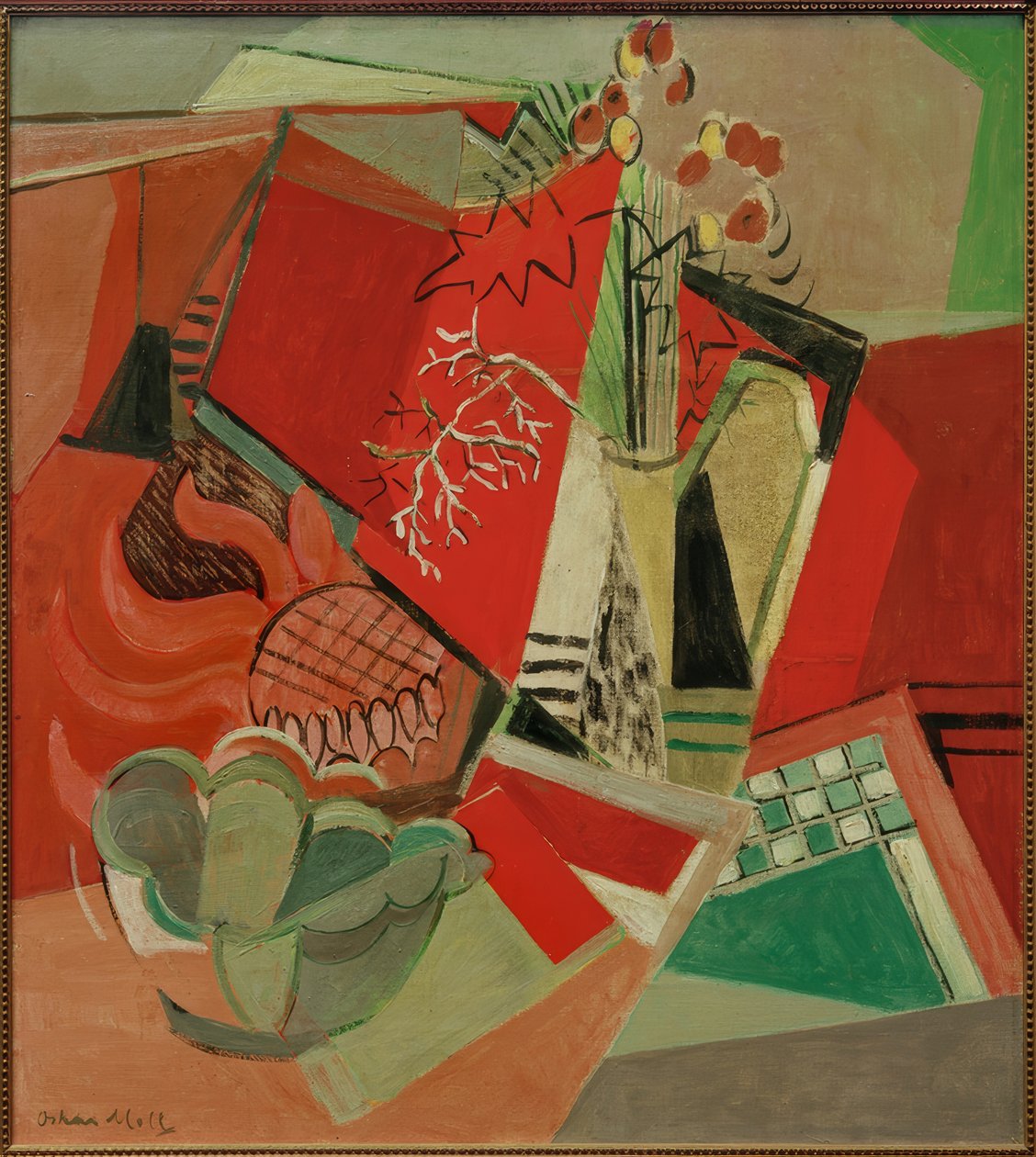 Compositie met penningkruid en schaal door Oskar Moll