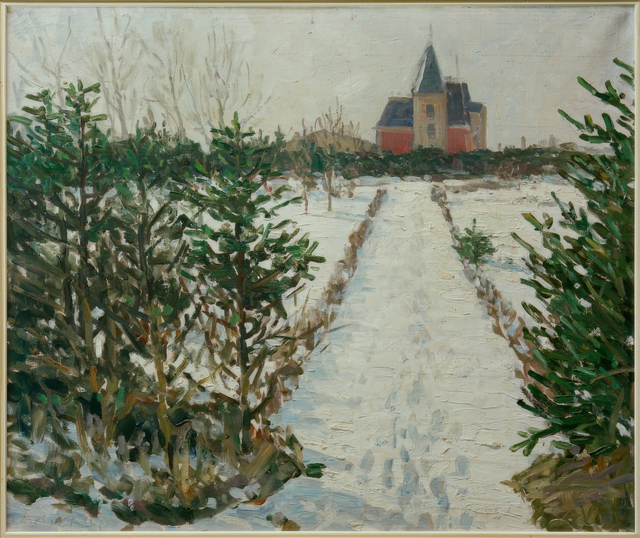 Sneeuwlandschap met kasteel / kerk door Oskar Moll