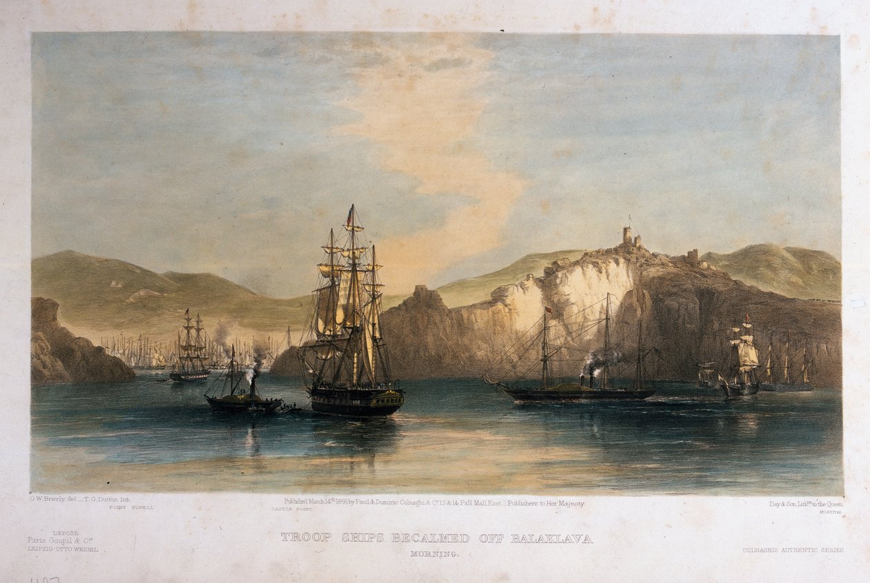 Troepenschepen windstil voor Balaklava, Ochtend, gegraveerd door T.G. Dutton, uitgegeven door Colnaghi und Co., 1855 door Oswald Walters Brierly