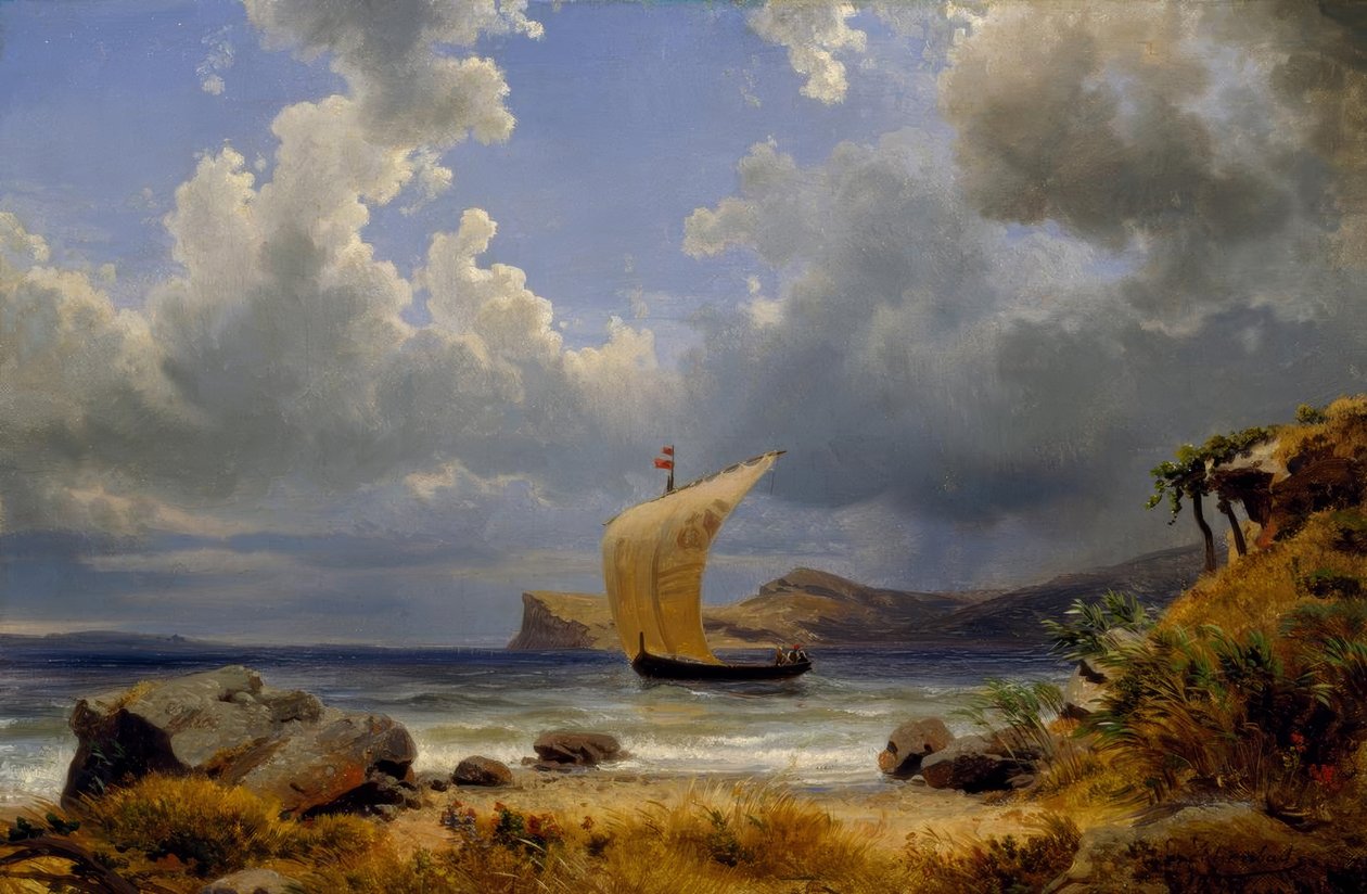 O. Achenbach, zeilboot in een Italiaanse baai door Oswald Achenbach