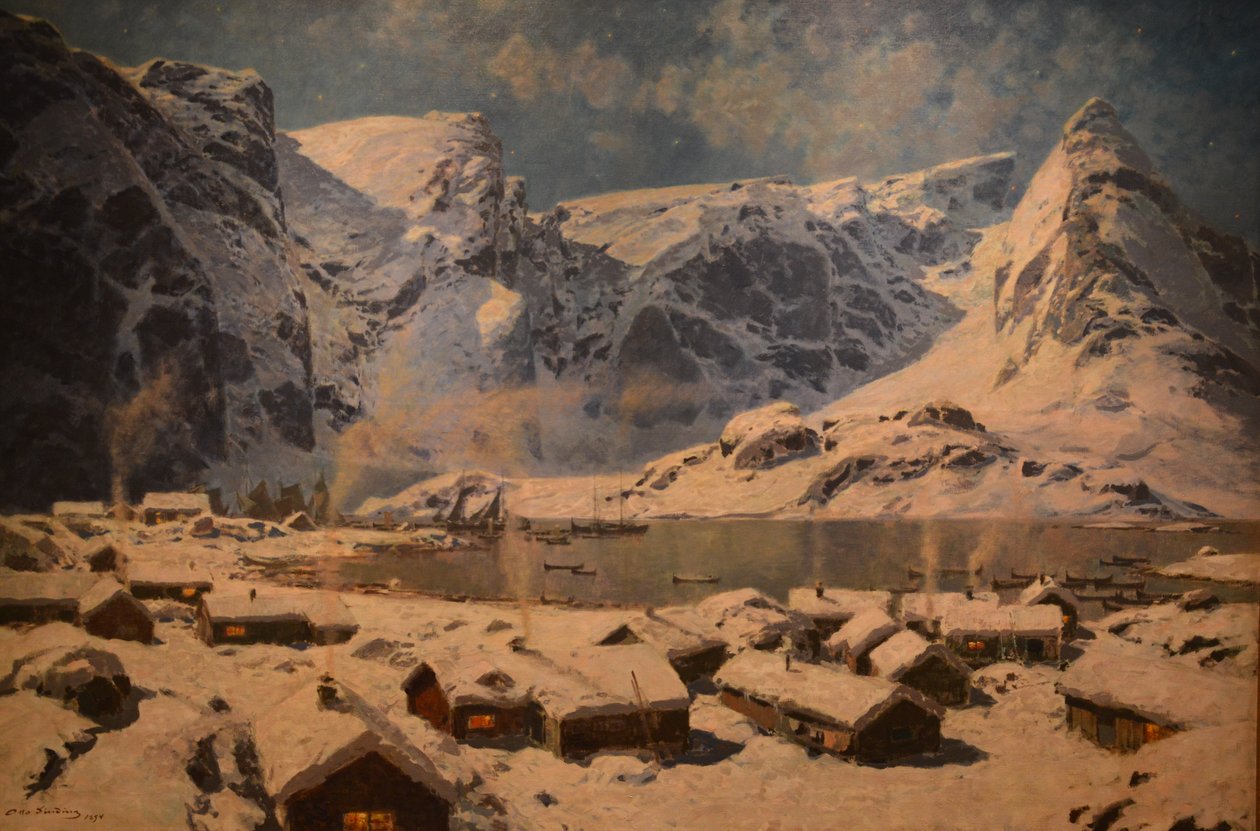 Winter, Reine in Lofoten door Otto Sinding