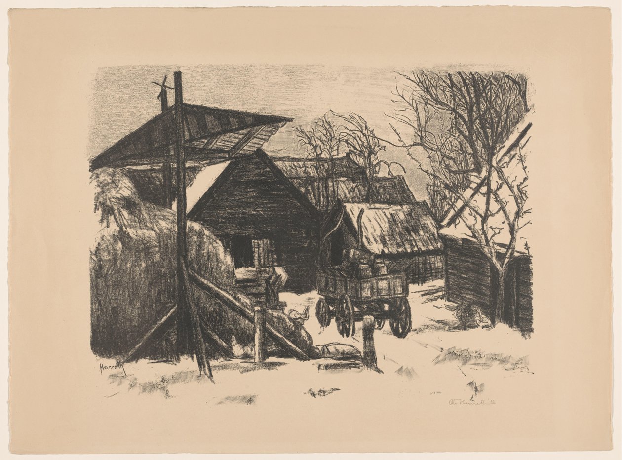Boerenerf in de sneeuw door Otto Hanrath (signed by artist)