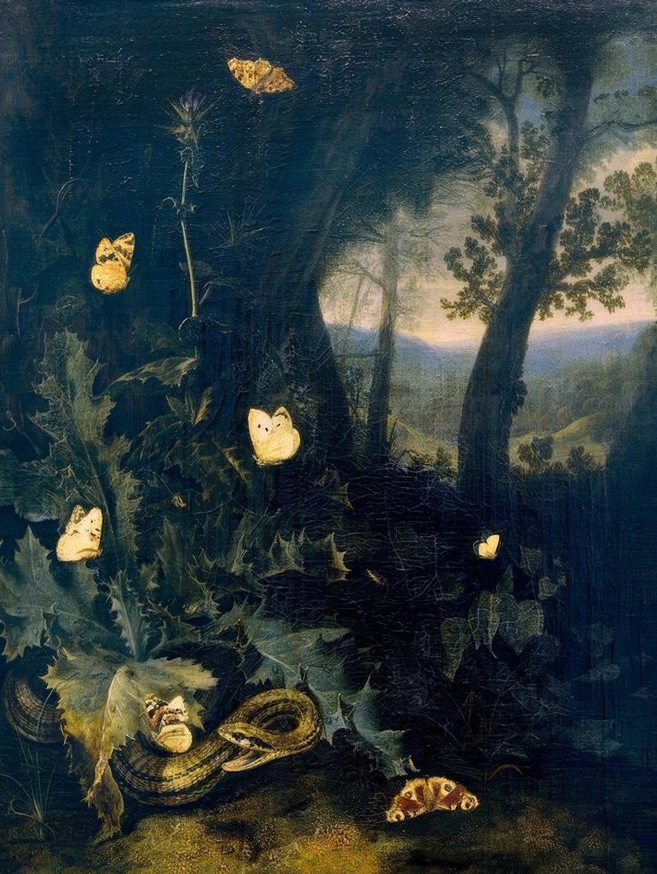 Bosgrond met distel en slang door Otto Marseus  van Schrieck