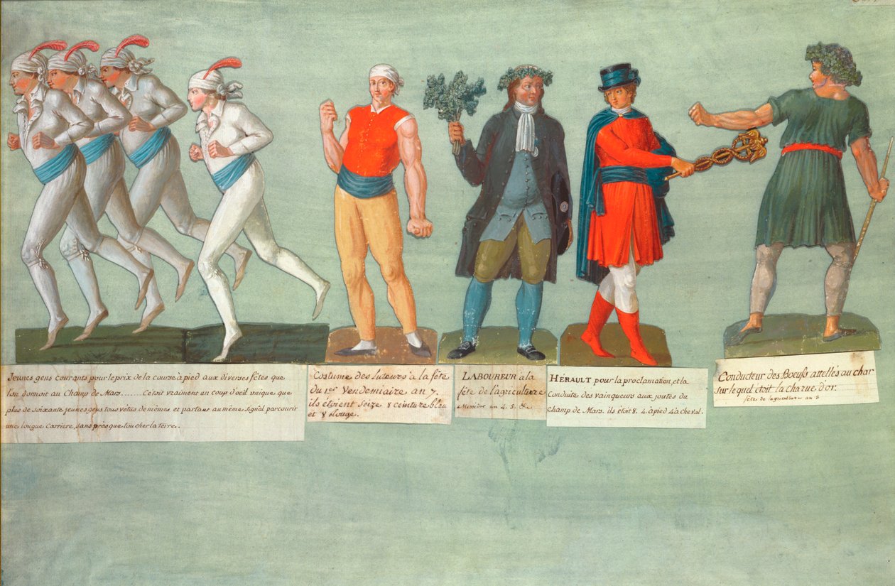 Atleten en deelnemers aan festivals tijdens de Franse Revolutionaire periode (gouache) door P. A. and J.B. Lesueur