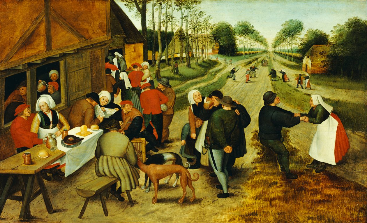 Boeren bij een herberg langs de weg door P. the Younger Brueghel