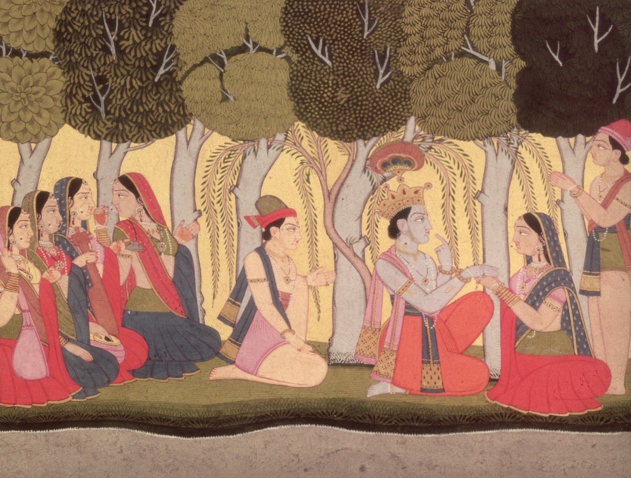 Radha en Krishna zittend in een bosje, Kulu, 1790-1800 door Pahari School