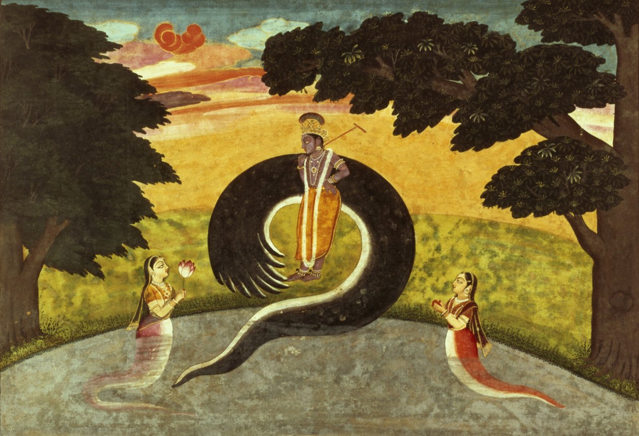 De onderwerping van Kaliya, Basohli, Pahari School, 1700-65 door Pahari School