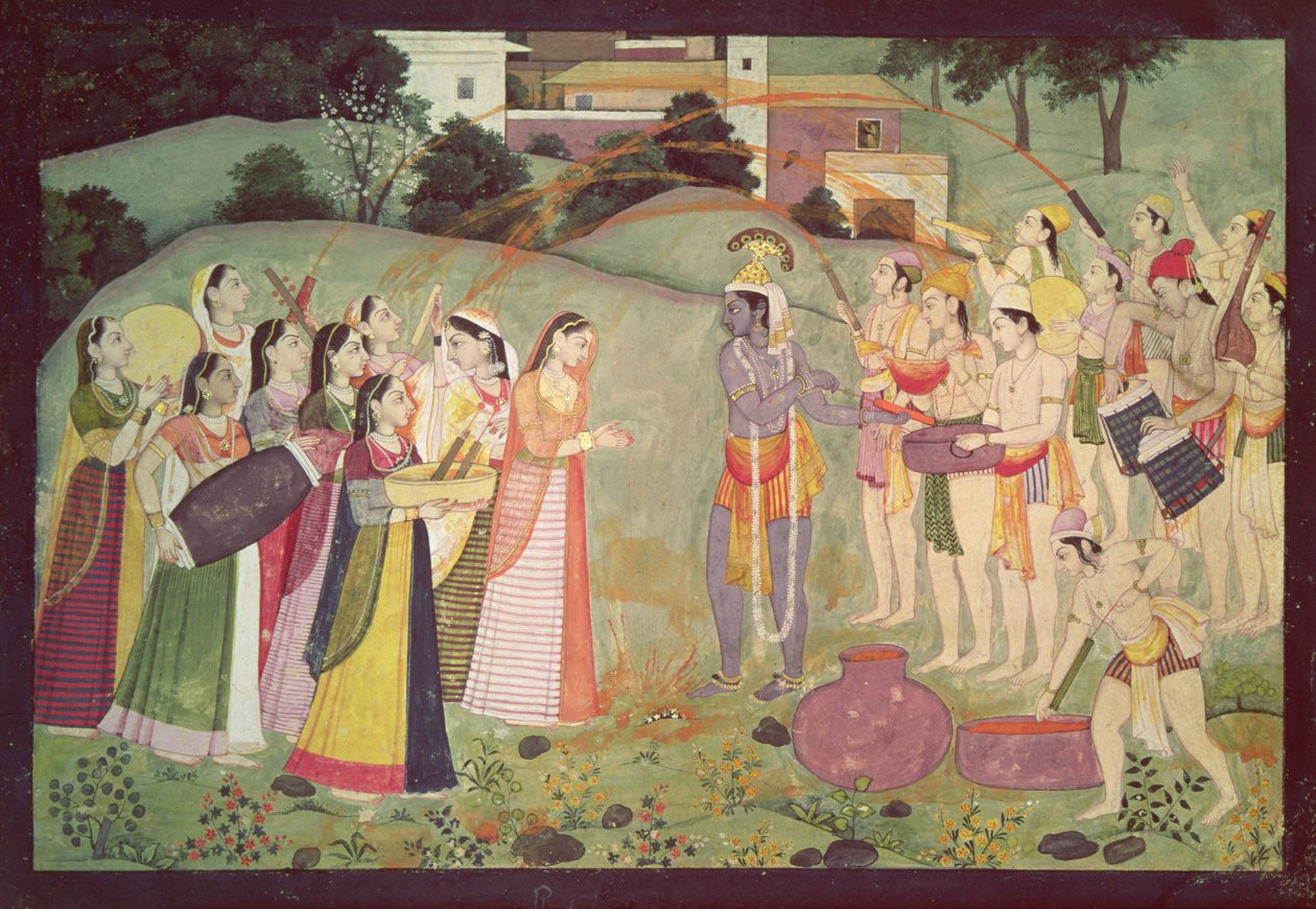 Krishna viert het Holi Festival, Kangra, Himachal Pradesh, ca. 1775-1780 door Pahari School
