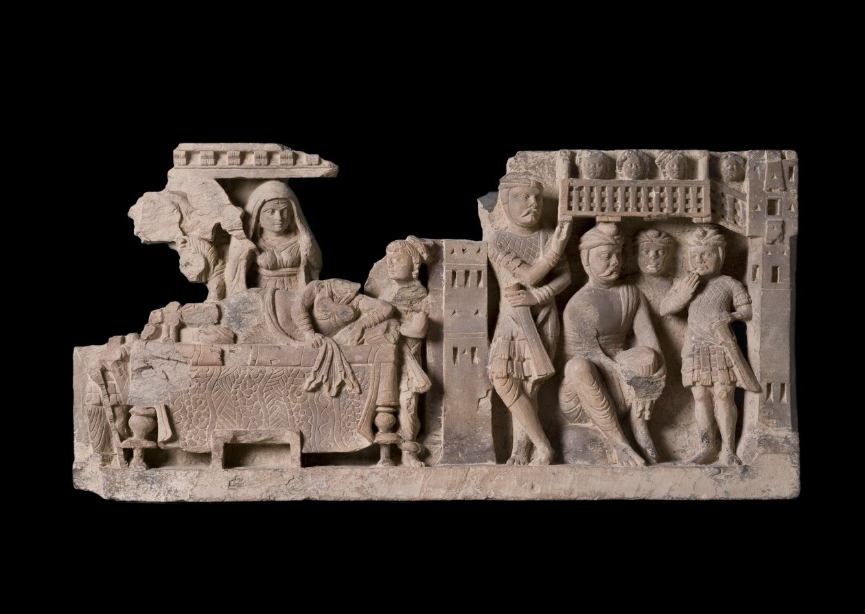 Reliëfpaneel dat de Droom van Koningin Maya afbeeldt, Gandhara Regio door Pakistani School