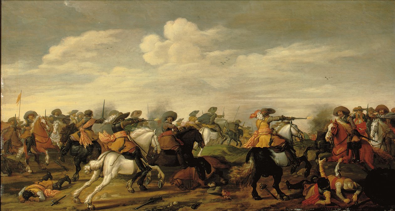 Een cavaleriegevecht in een landschap door Palamedes Palamedesz