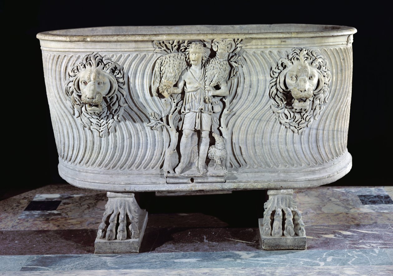 Borghese sarcofaag versierd met de Goede Herder en leeuwenkoppen, 3e-5e eeuw door Paleo Christian