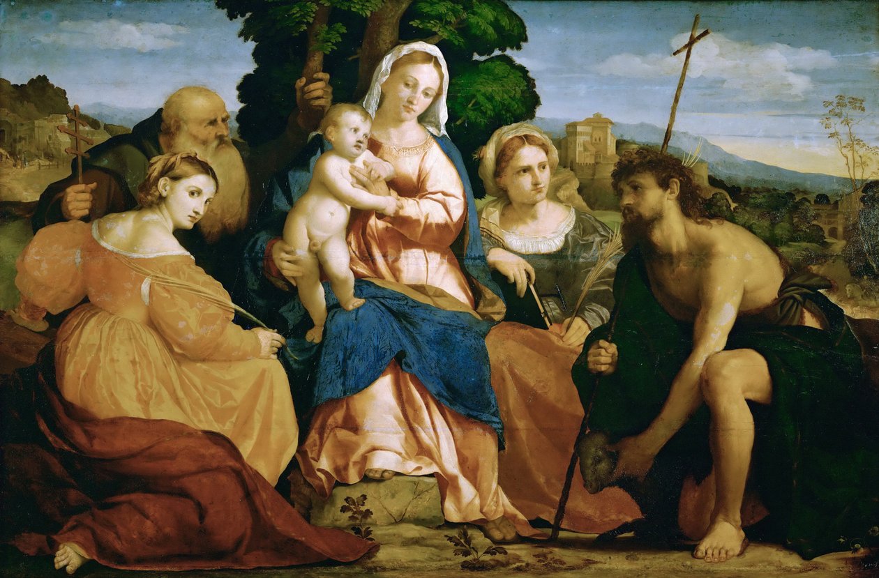 Maria met Kind en de Heiligen Catharina en Coelestin (links) en Johannes de Doper en Barbara (rechts) door Palma il Vecchio