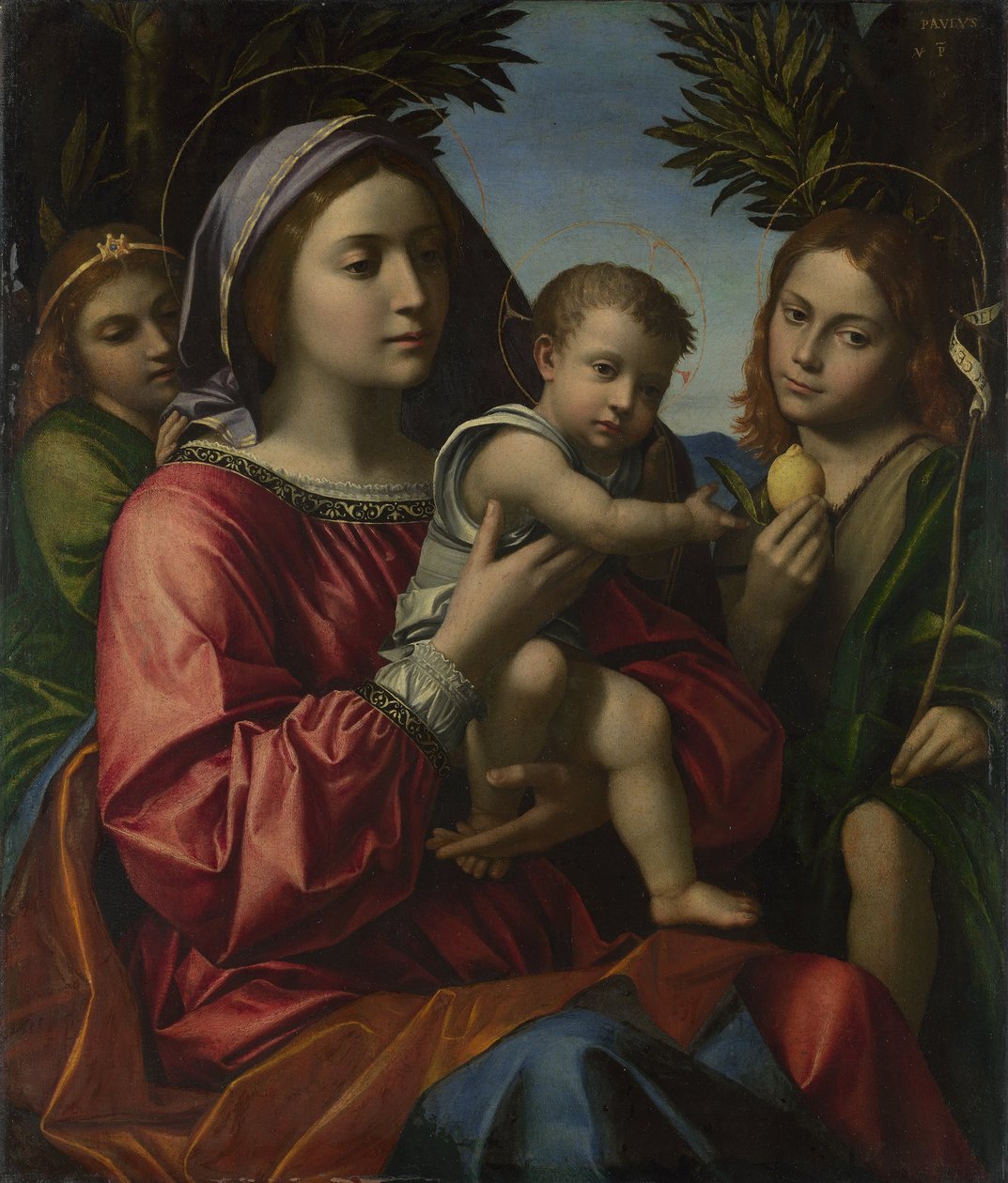 De Maagd en Kind, St. Johannes de Doper en een Engel door Paolo Morando Cavazzola