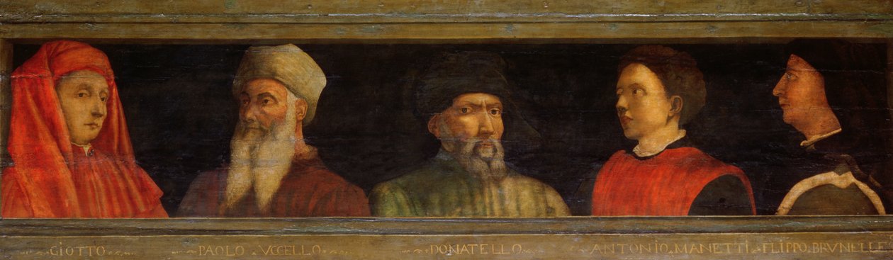 Portretten van Giotto, Uccello, Donatello, Manetti en Brunelleschi door Paolo Uccello