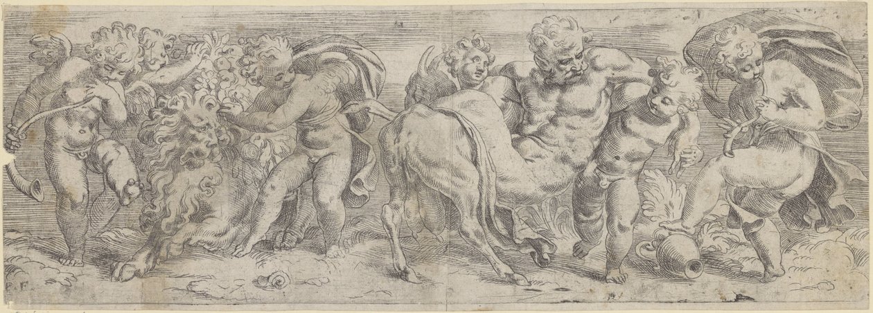 Dronken sater en putti door Paolo Farinati