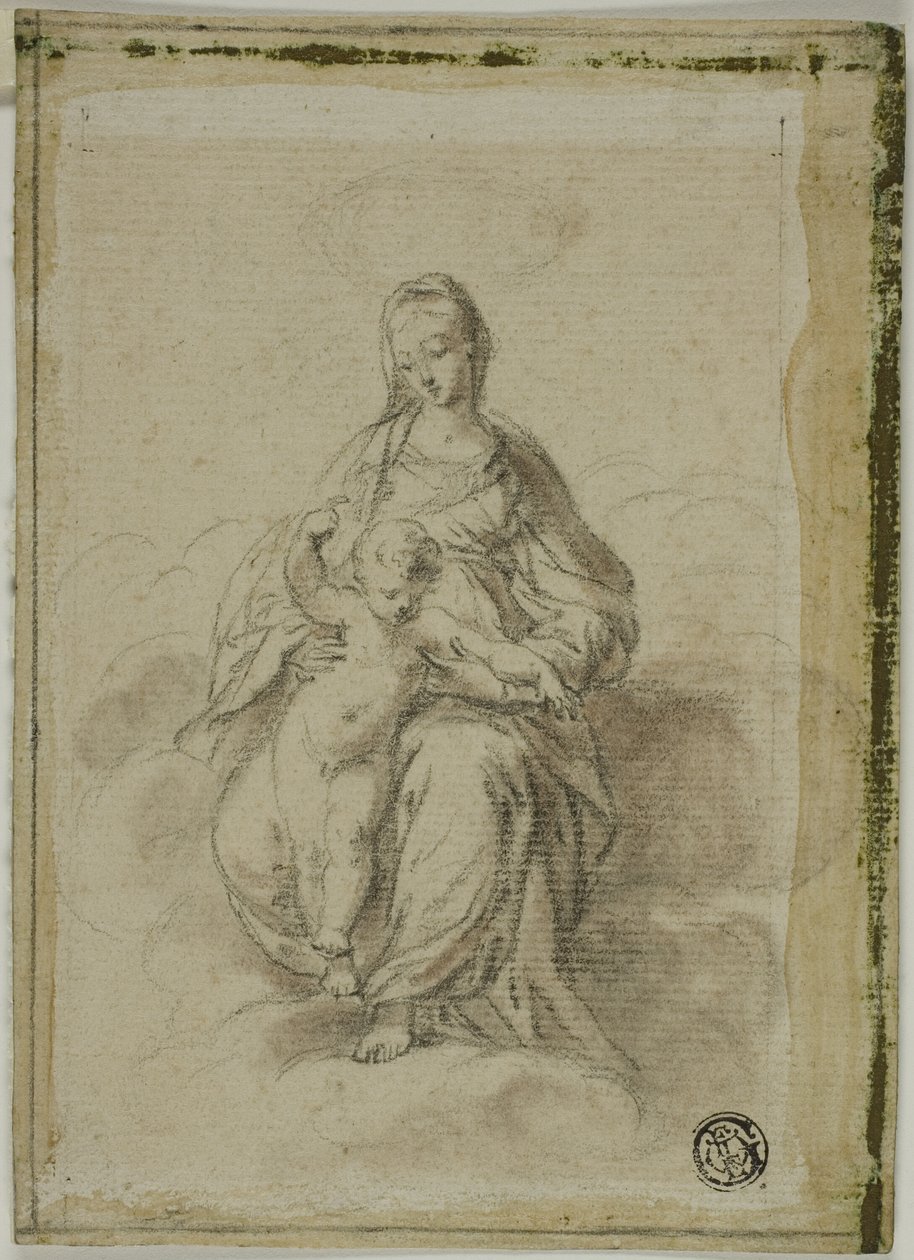 Maagd en kind gezeten op wolken door Parmigianino