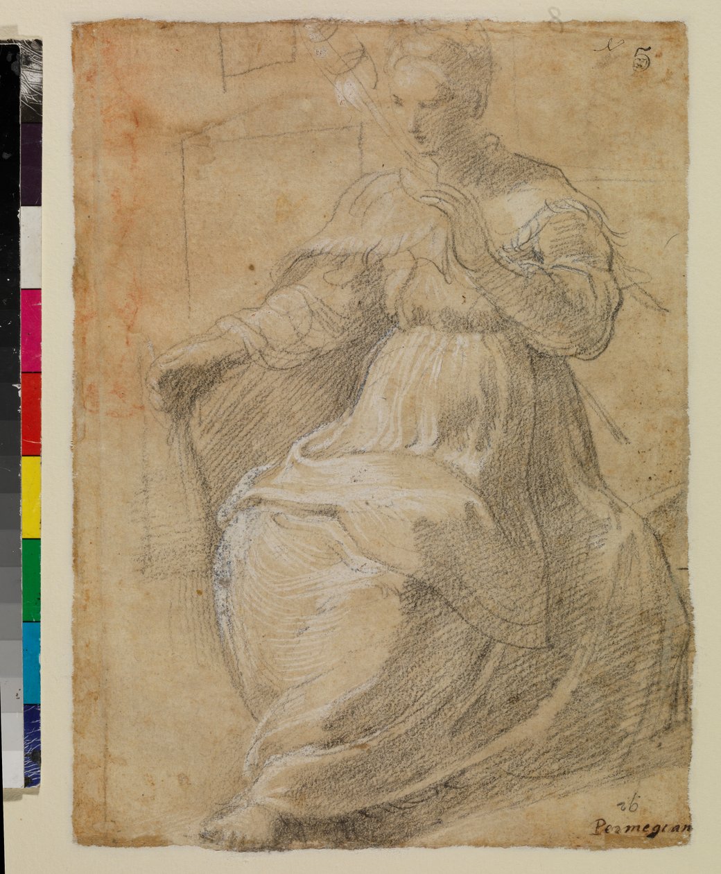 Vrouw met een spinrokken door Parmigianino