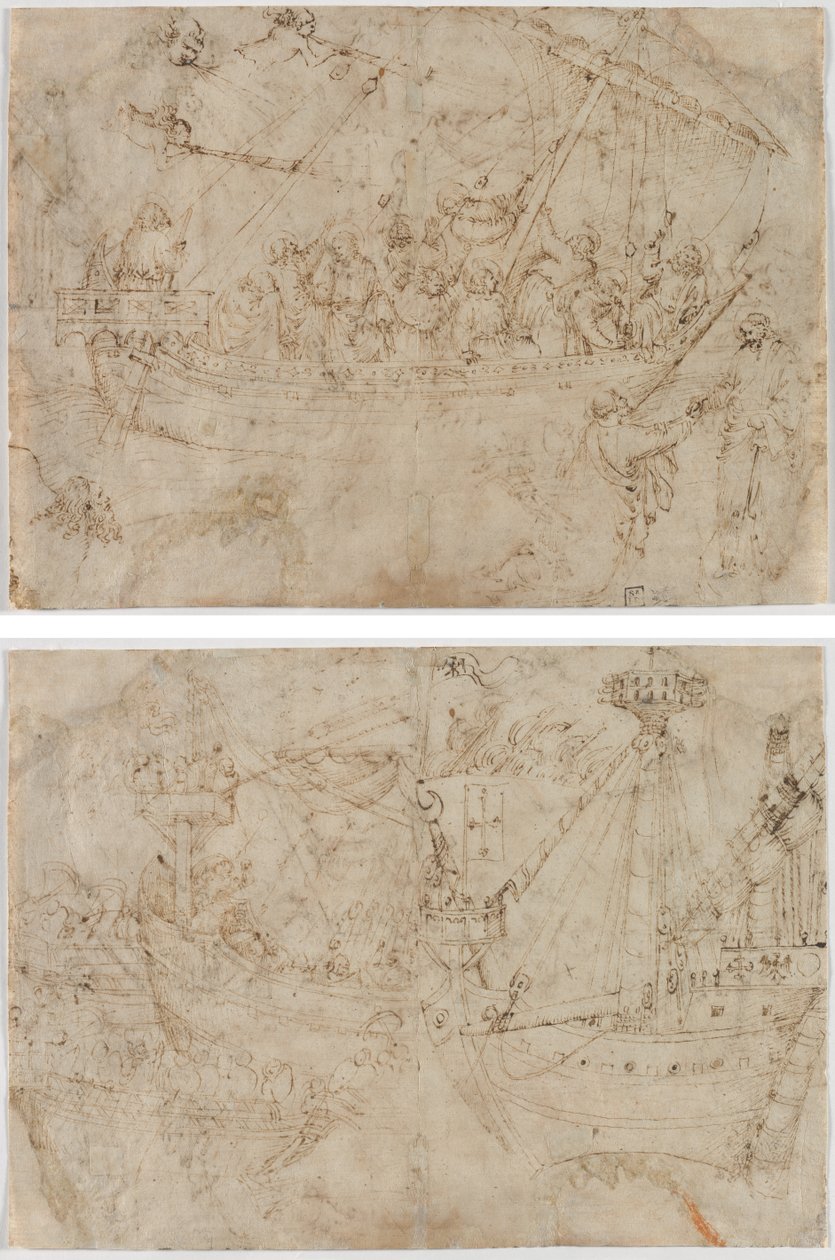 Navicella (recto) Twee tekeningen van schepen (verso) door Parri Spinelli