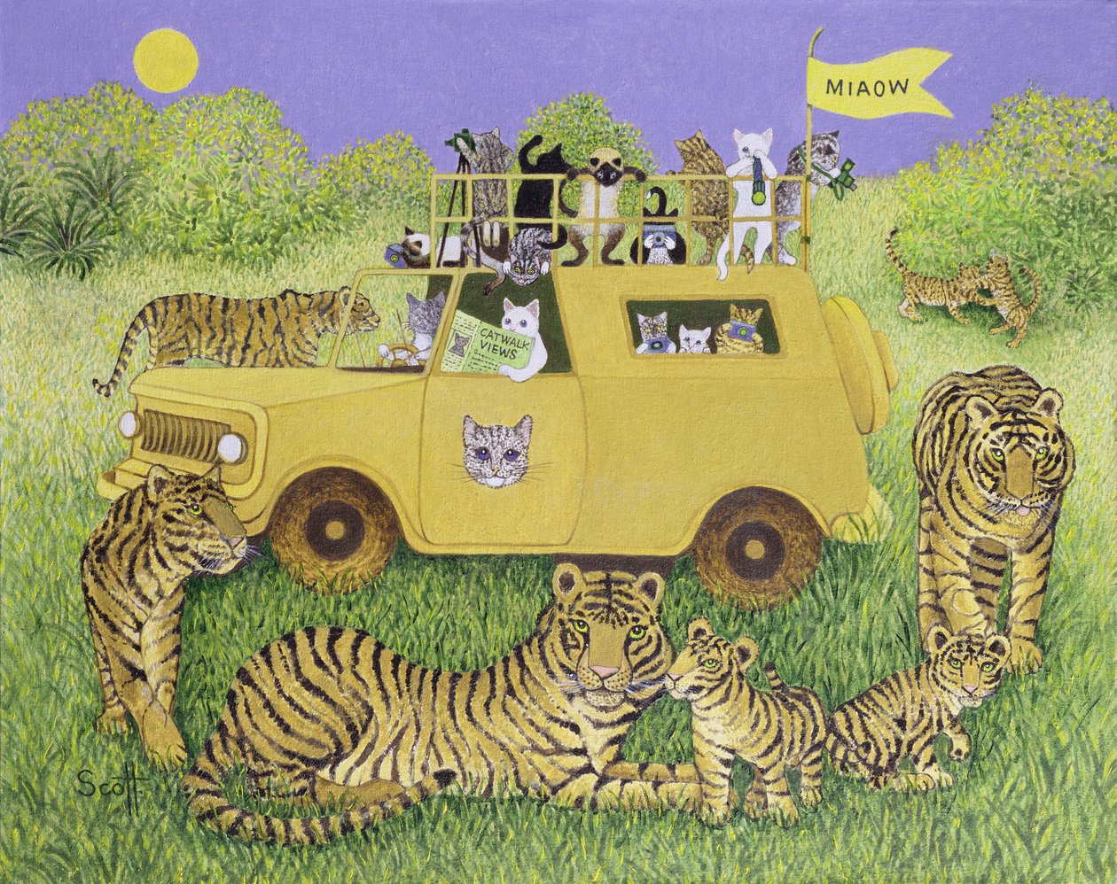 Kattensafari (olieverf op doek) door Pat Scott