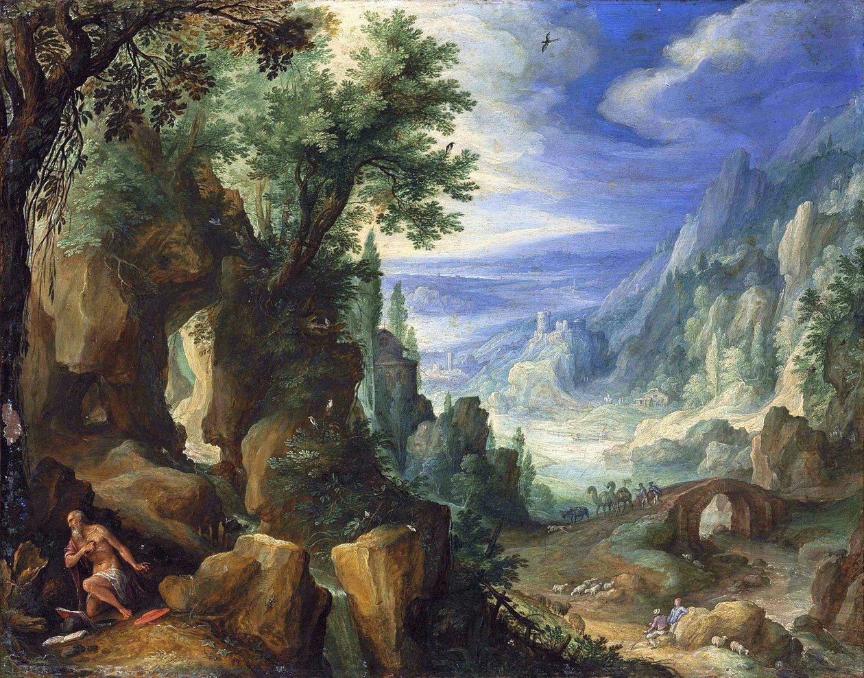 Landschap met Sint Hiëronymus en rotsachtige top door Paul Brill