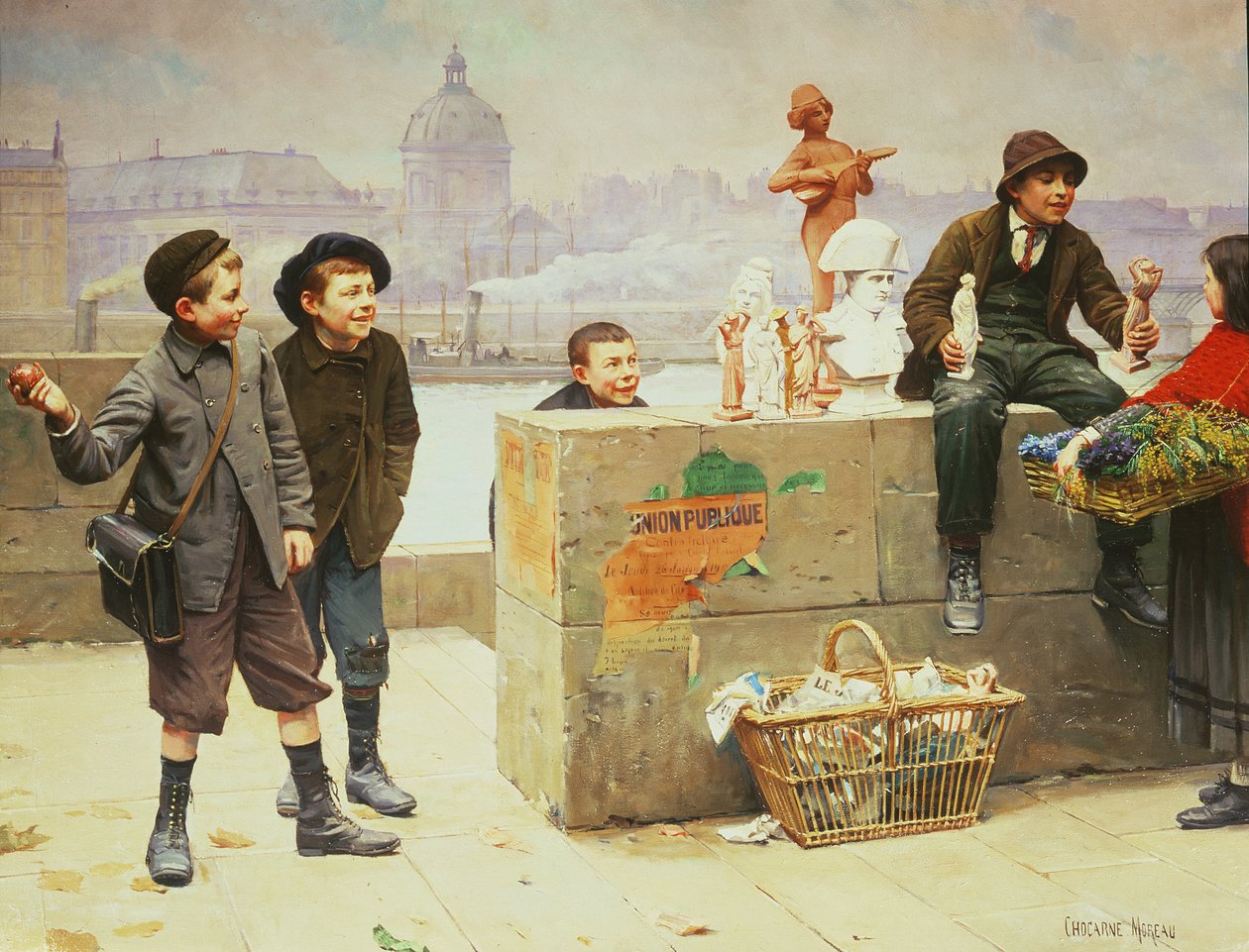 Jonge venters op de Pont Des Arts, Parijs door Paul Charles Chocarne Moreau