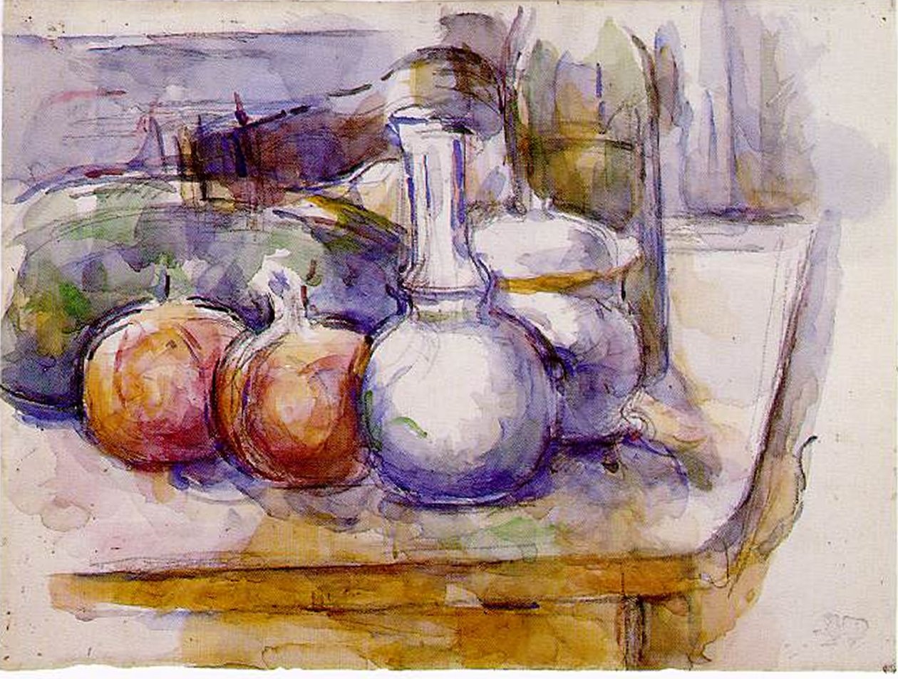 Stilleven: Karaf, fles, granaatappels, watermeloen, 1900-06 door Paul Cézanne