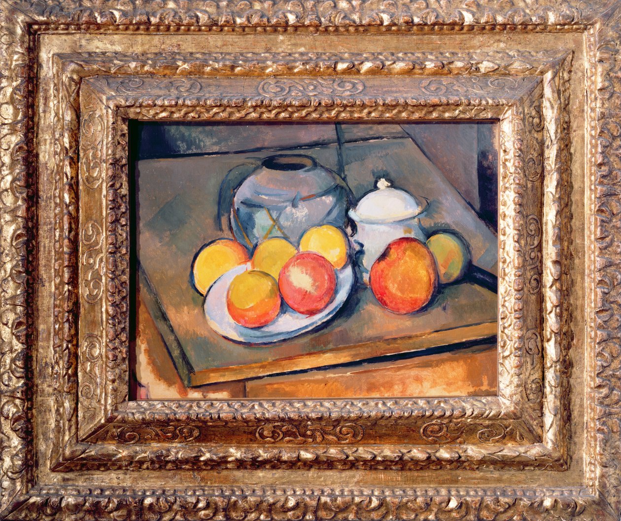 Met stro bedekte vaas, suikerpot en appels, 1890-93 door Paul Cézanne