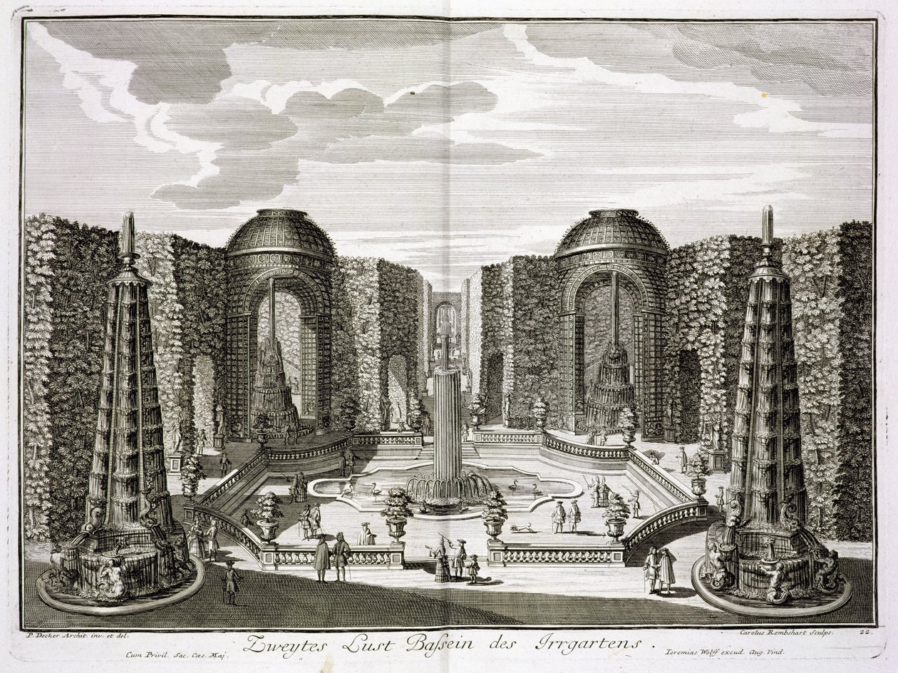 De fontein in het doolhof bij het Prinsenplezierpaleis en Tuinen, Berlijn, gegraveerd door Karl Remshard, gepubliceerd ca. 1711-16 door Paul Decker
