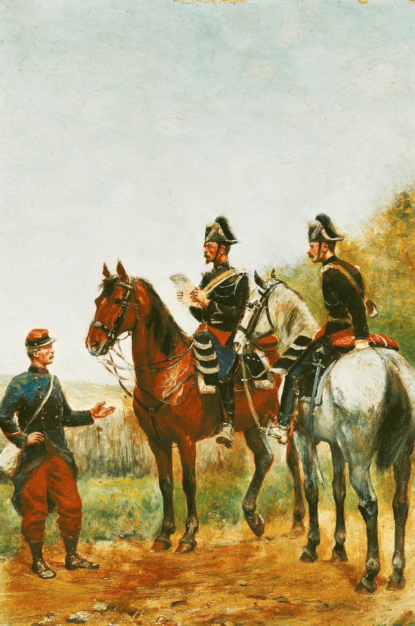 Politieagenten op inspectietour controleren een militair in 1885 door Paul Emile Leon Perboyre