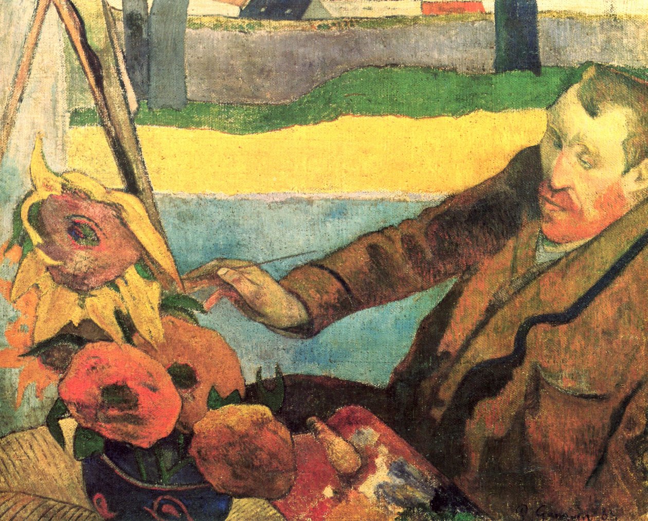 Portret van Vincent van Gogh, Zonnebloemen Schilderend door Paul Gauguin