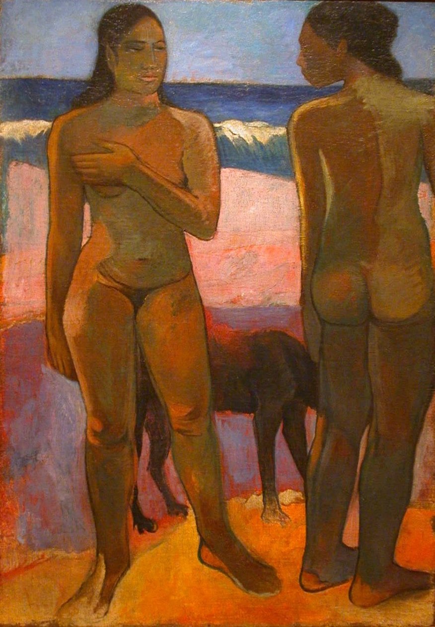 Twee naakten op een Tahitiaans strand door Paul Gauguin