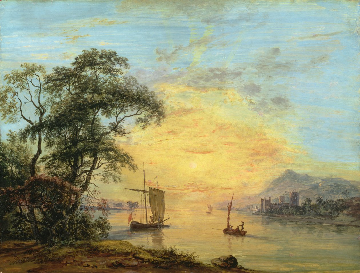 Een Welshe zonsondergang rivierlandschap, c.1775-1800 door Paul Sandby