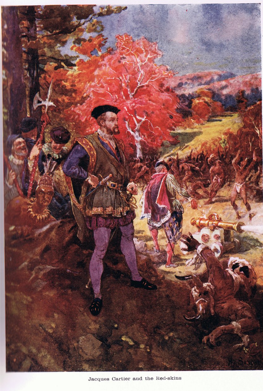 Jacques Cartier met de Indianen, illustratie uit 