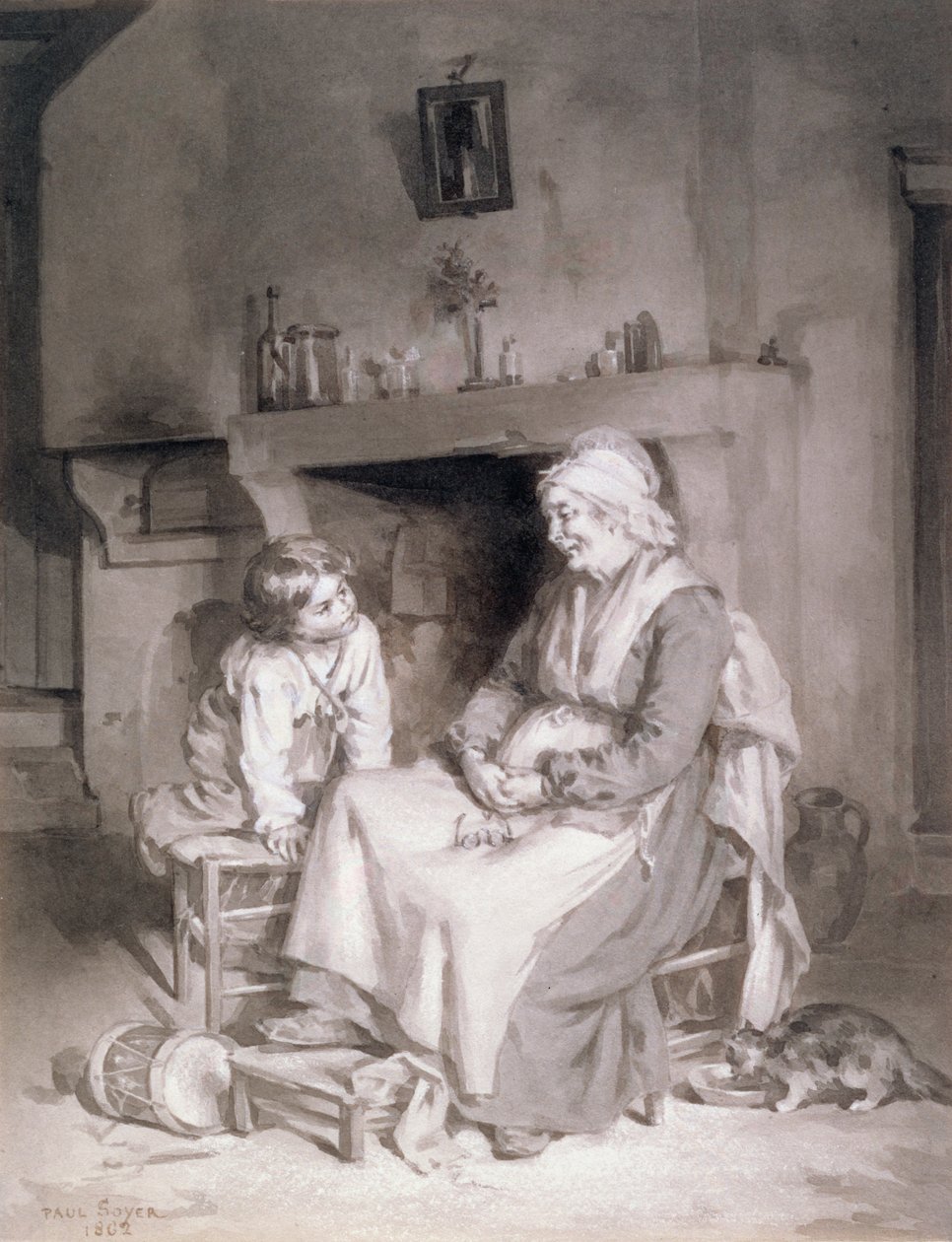 Interieur met Oude Vrouw en Jongen, 1862 door Paul Soyer