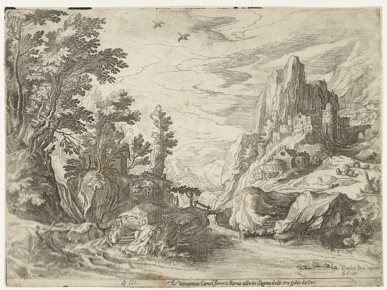 Rivierlandschap in Campania met stad op rotsen door Paul Bril