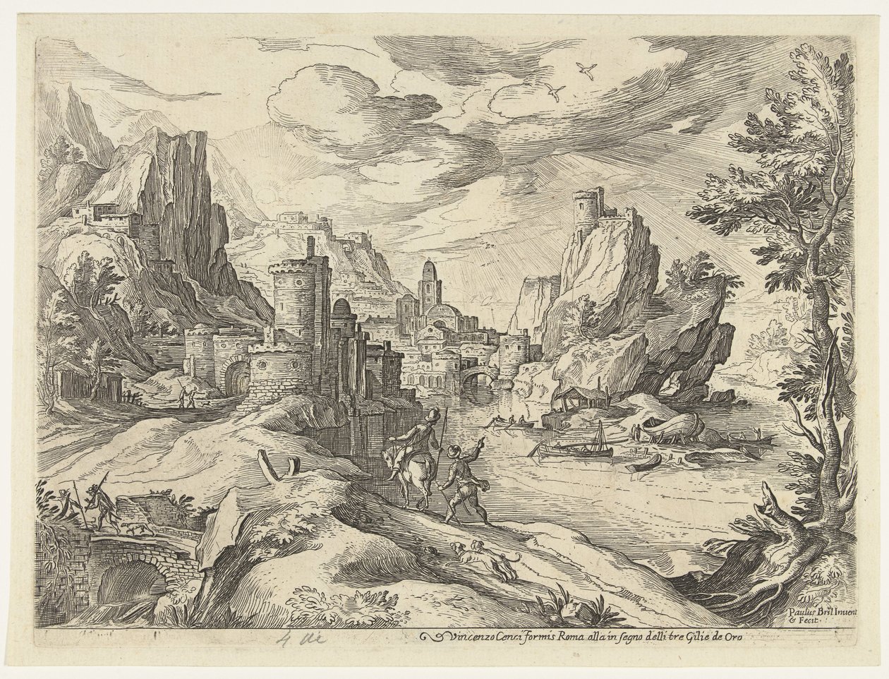 Rotskust in Campania met stad en reizigers door Paul Bril