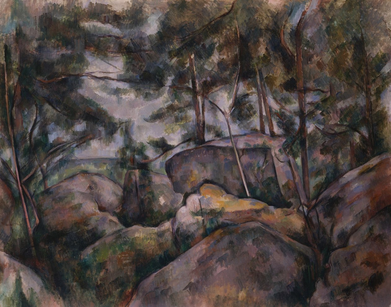 Rotsen in het bos door Paul Cézanne