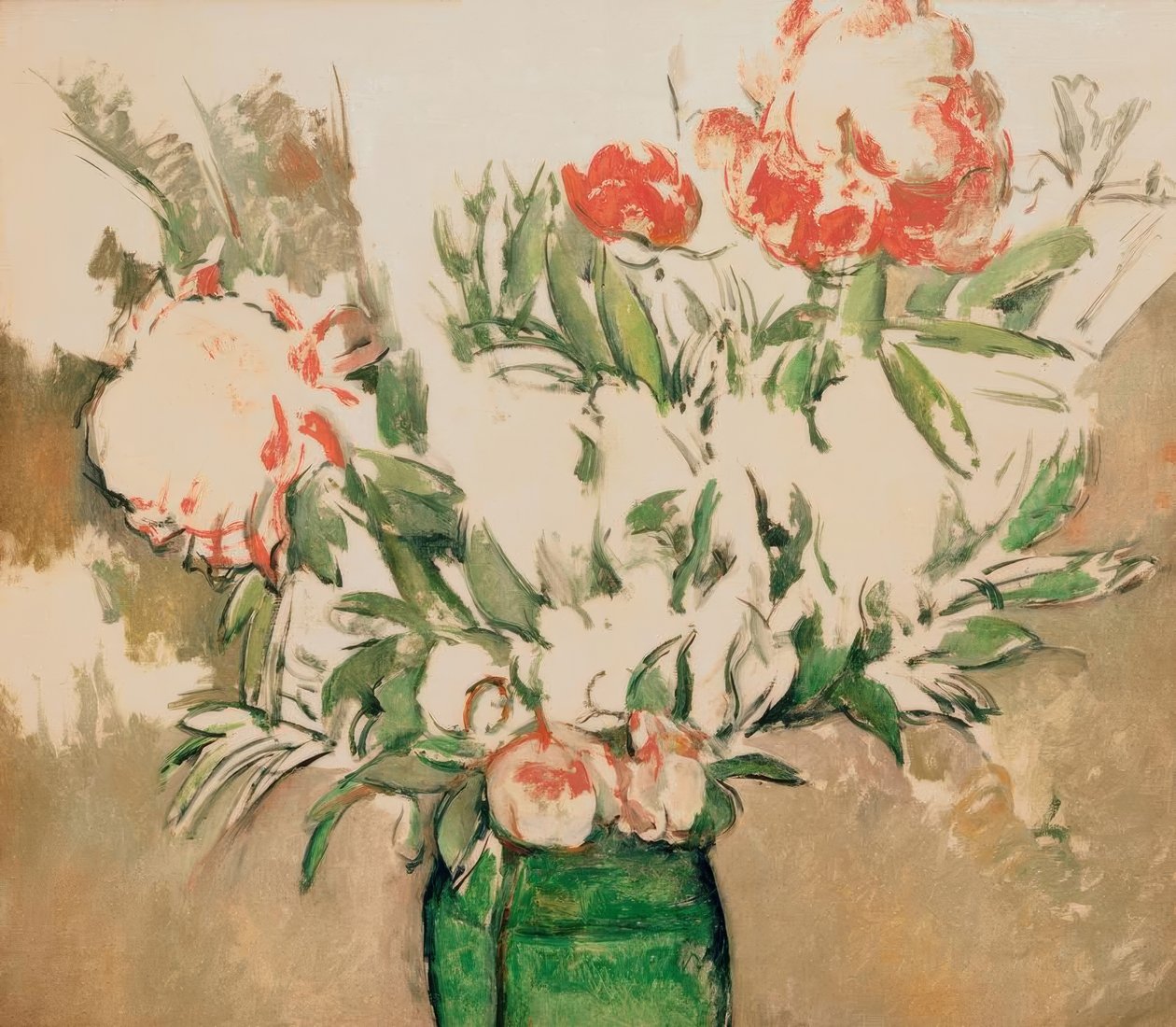 Boeket Pioenen in een Groene Pot door Paul Cézanne
