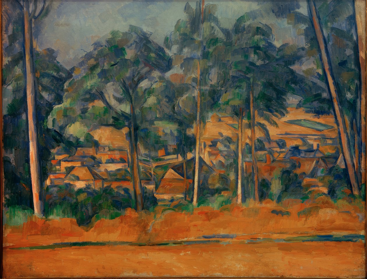 Dorp achter bomen door Paul Cézanne