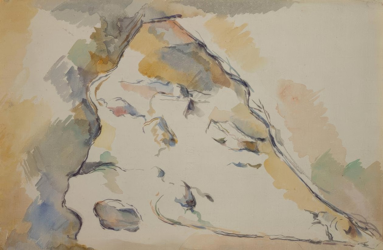 Rotsen en grot door Paul Cézanne