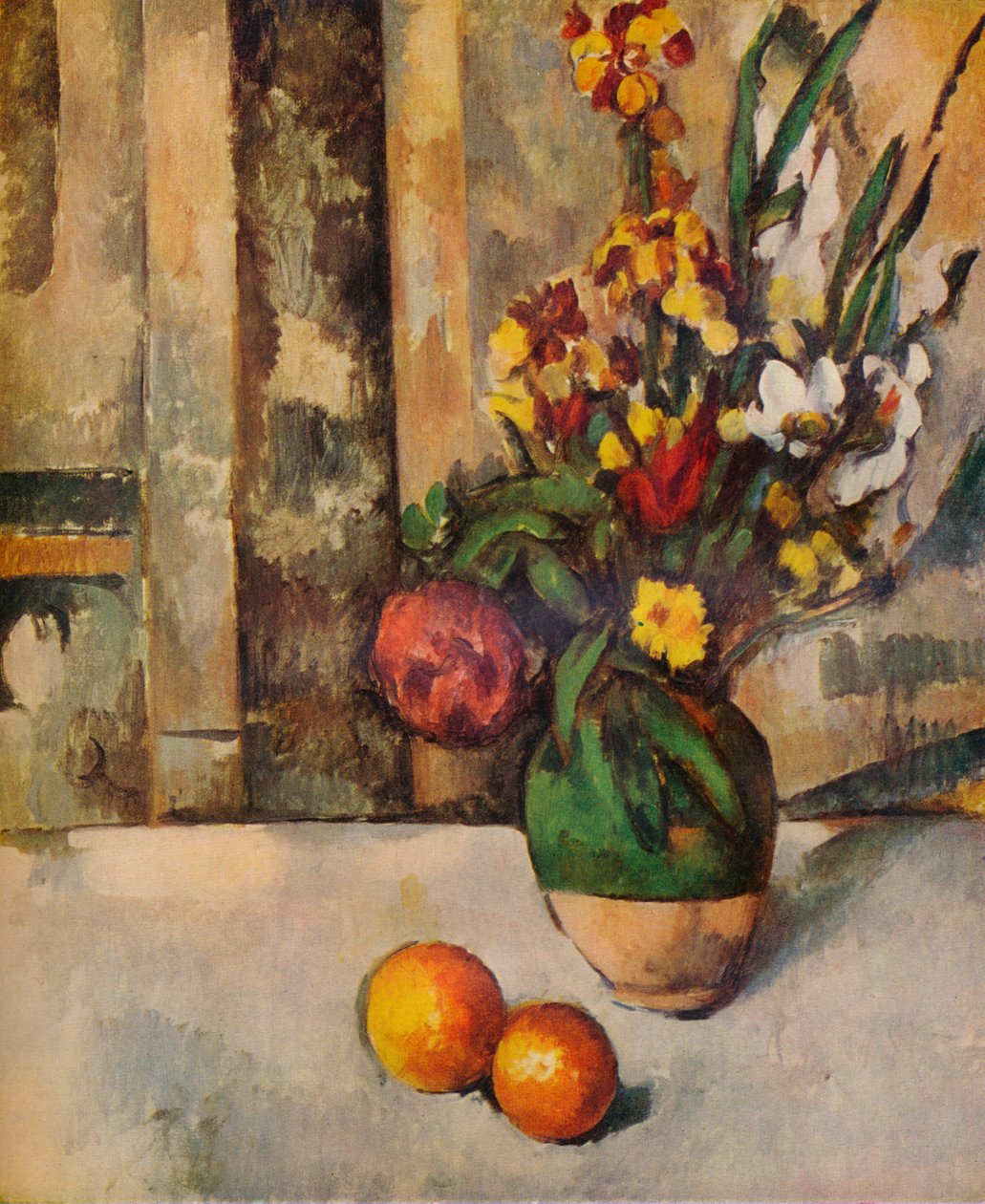Vaas met bloemen en appels door Paul Cézanne