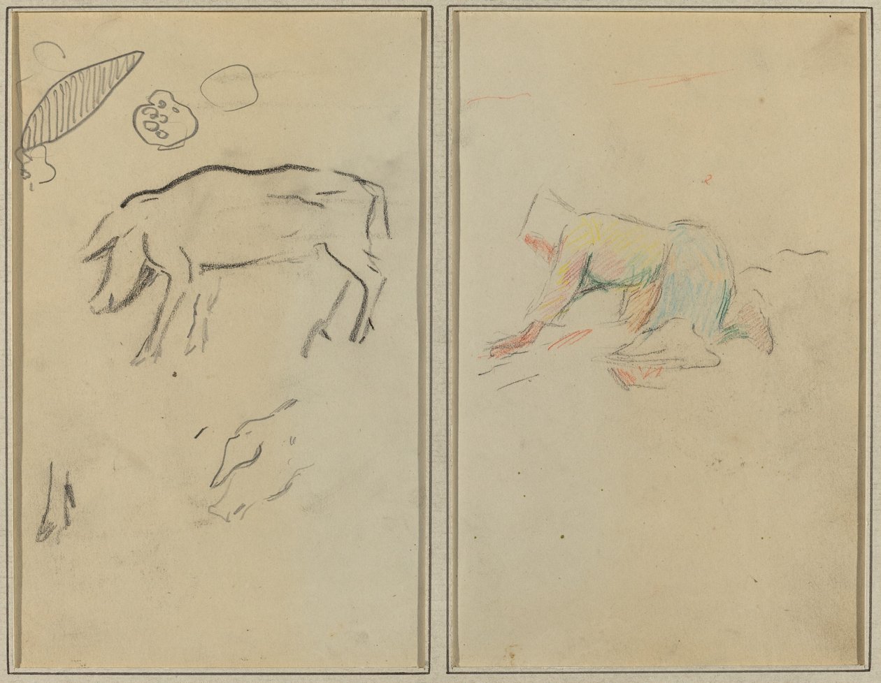 Een varken; Bretonse boer knielend [verso] door Paul Gauguin