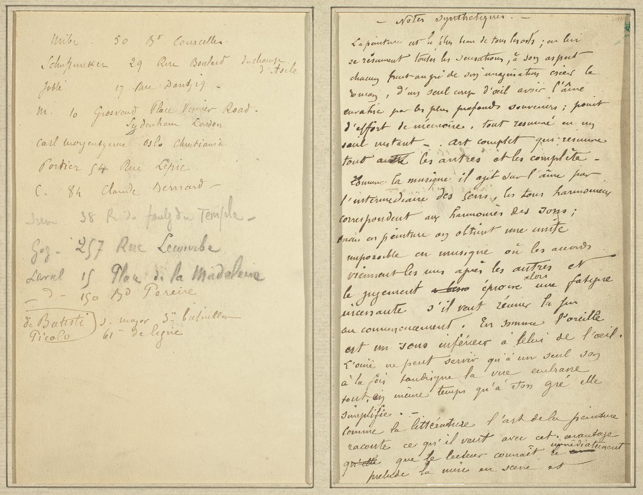 Adreslijst; Manuscriptpagina [recto] door Paul Gauguin