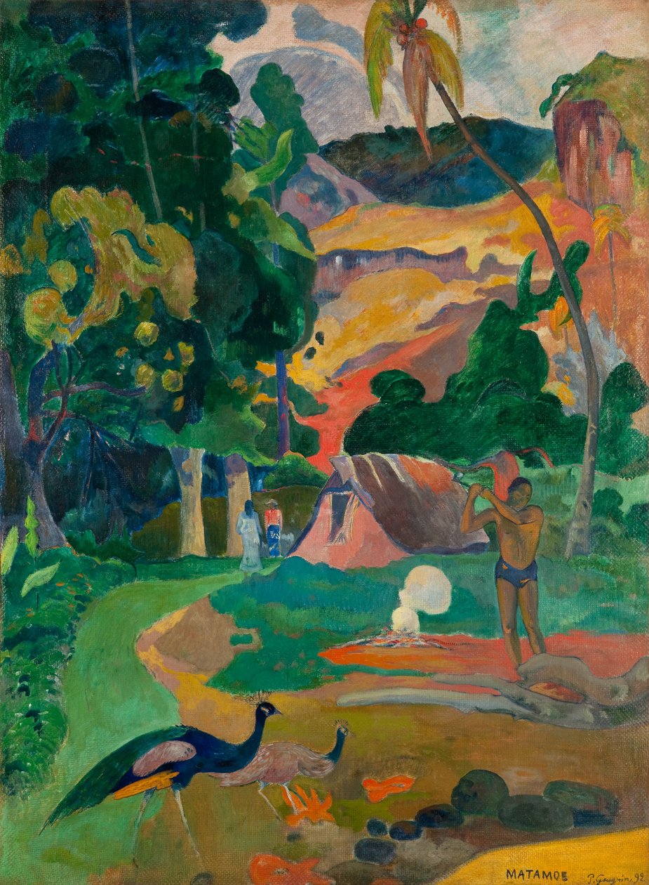 Matamoe of, Landschap met pauwen door Paul Gauguin