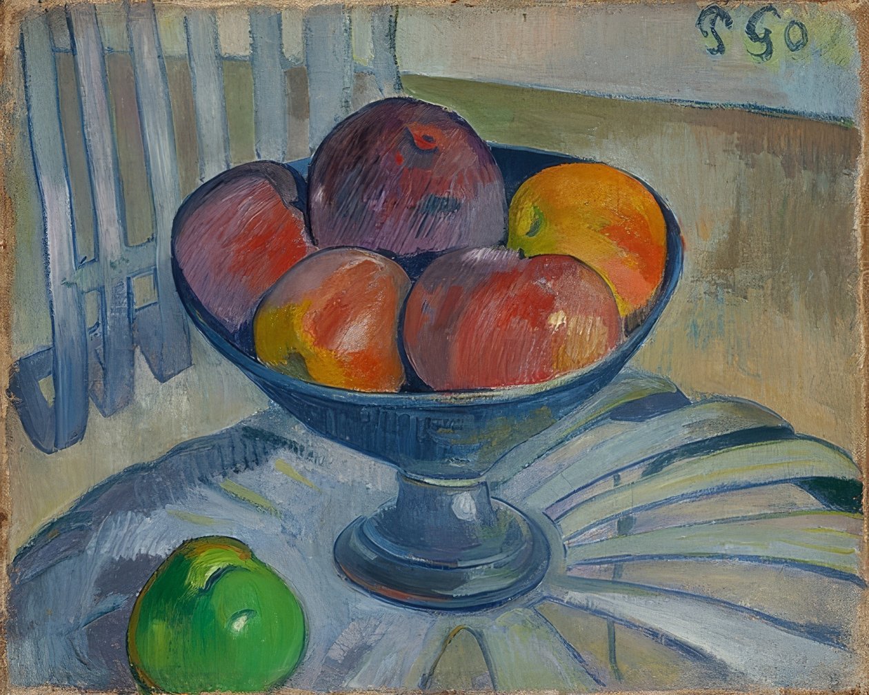 Fruitschaal op een tuinstoel door Paul Gauguin